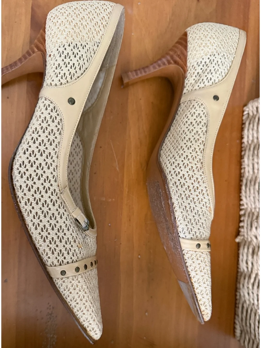 Stuart Weitzman Vintage Pointed Toe Cream Woven Pumps with Stud Accent